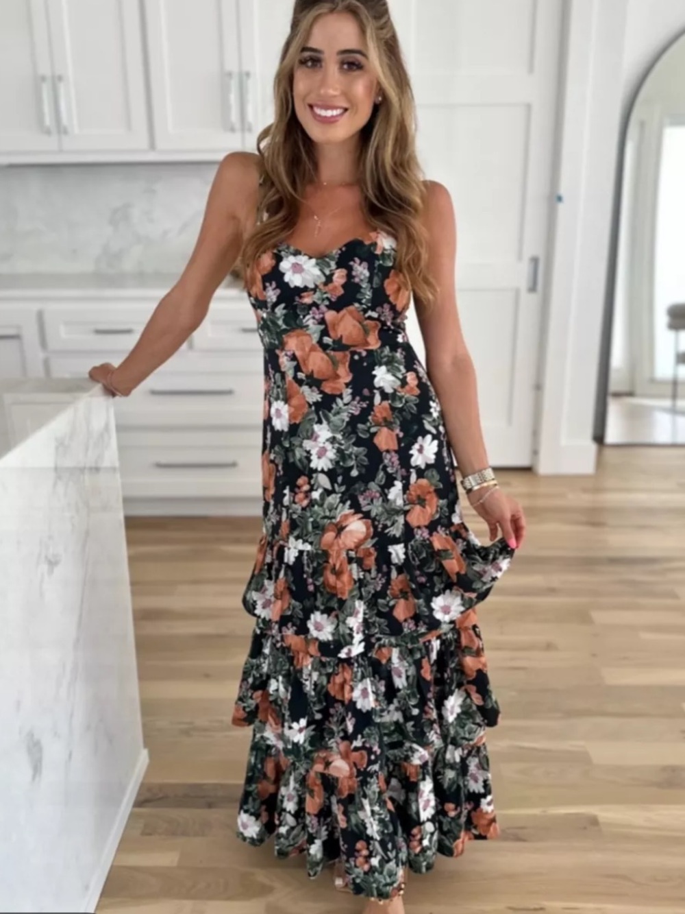 Abercrombie & Fitch Floral Tiered Ruffle Maxi Dress Black Pink Green Orange XS - Picture 2 of 10